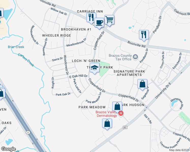 map of restaurants, bars, coffee shops, grocery stores, and more near 3870 Copperfield Drive in Bryan