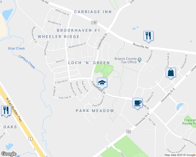 map of restaurants, bars, coffee shops, grocery stores, and more near 3870 Copperfield Drive in Bryan