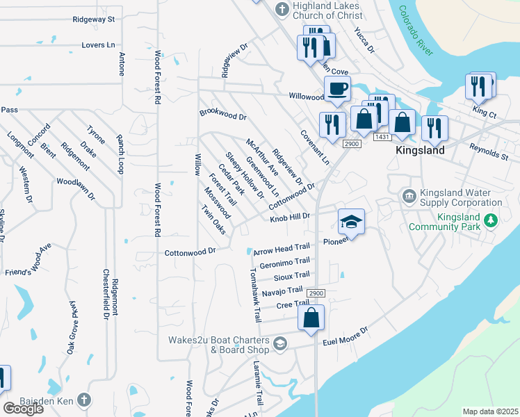 map of restaurants, bars, coffee shops, grocery stores, and more near 1886 Cedar Park in Kingsland