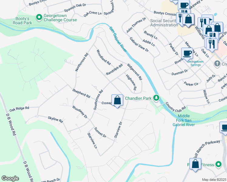 map of restaurants, bars, coffee shops, grocery stores, and more near 199 Southcross Road in Georgetown