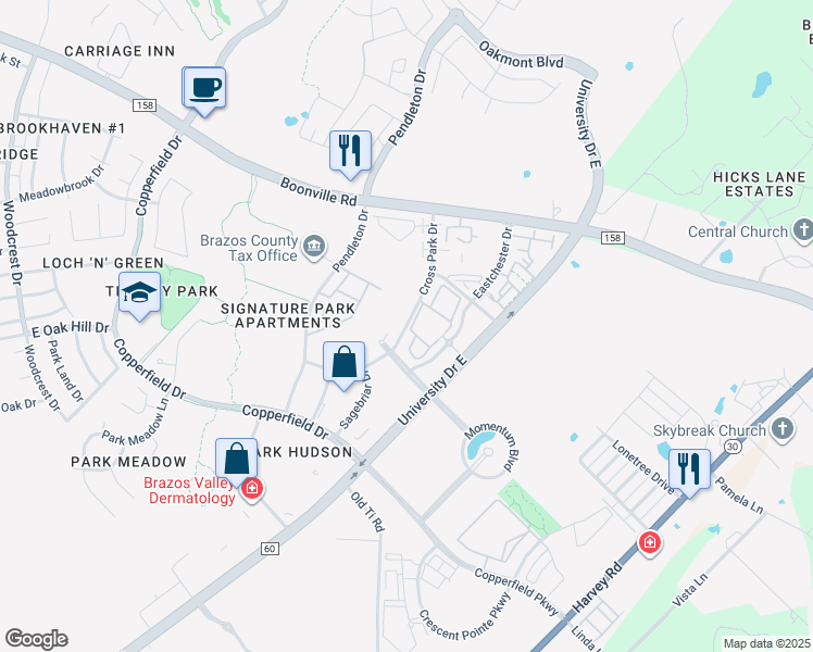 map of restaurants, bars, coffee shops, grocery stores, and more near Cross Park Drive in Bryan