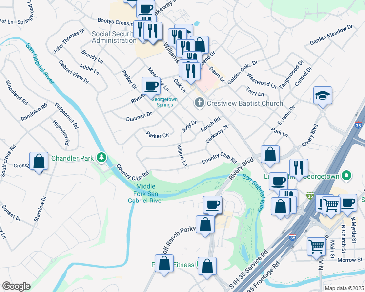 map of restaurants, bars, coffee shops, grocery stores, and more near 901 Ranch Road in Georgetown