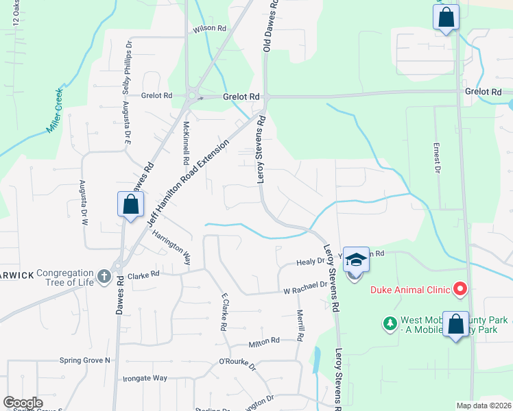 map of restaurants, bars, coffee shops, grocery stores, and more near 1665-1671 Leroy Stevens Road in Mobile