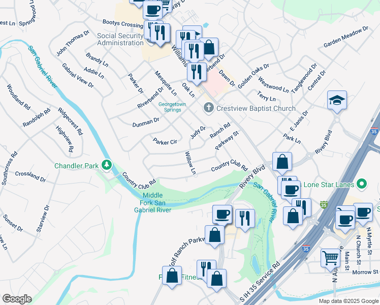map of restaurants, bars, coffee shops, grocery stores, and more near 812 Ranch Road in Georgetown