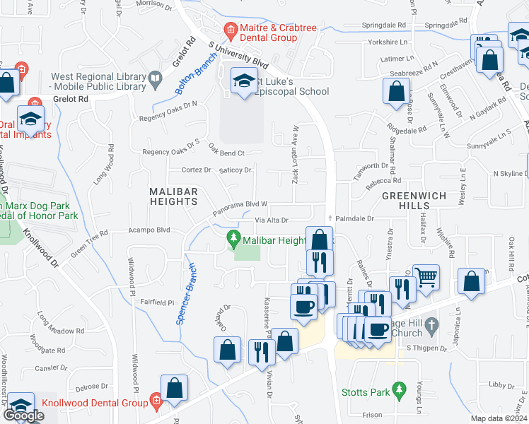 map of restaurants, bars, coffee shops, grocery stores, and more near 602 Via Court in Mobile