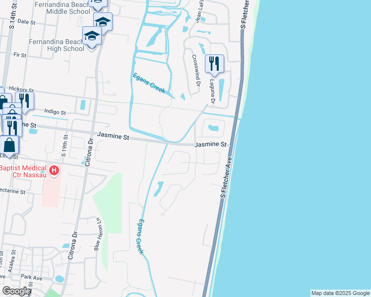 map of restaurants, bars, coffee shops, grocery stores, and more near 2783 Ocean Oaks Drive North in Fernandina Beach