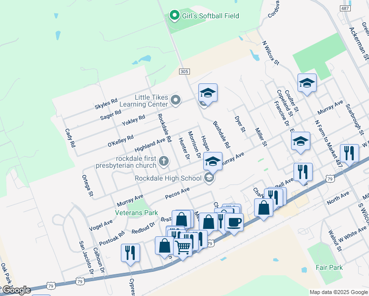 map of restaurants, bars, coffee shops, grocery stores, and more near 715 Hunter Drive in Rockdale