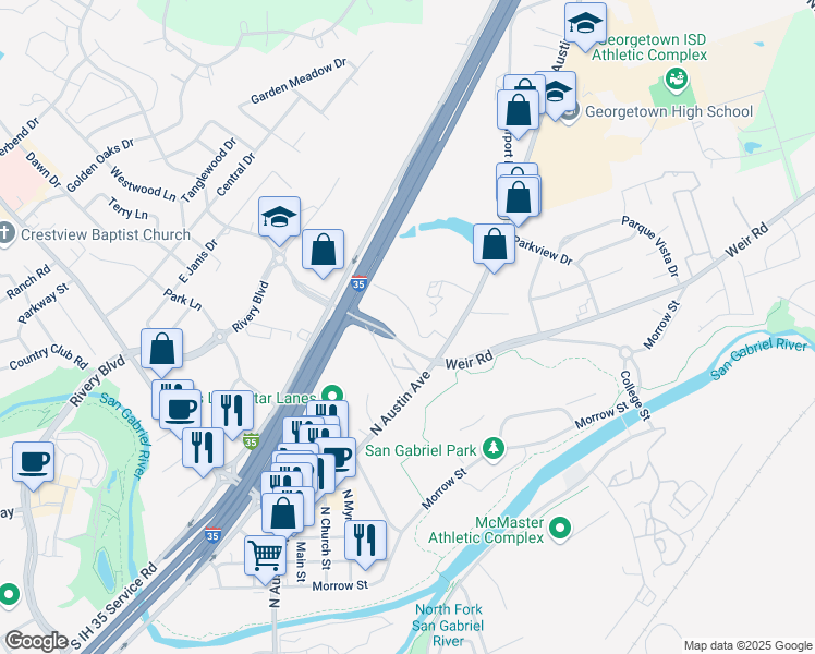 map of restaurants, bars, coffee shops, grocery stores, and more near 206 Royal Drive in Georgetown