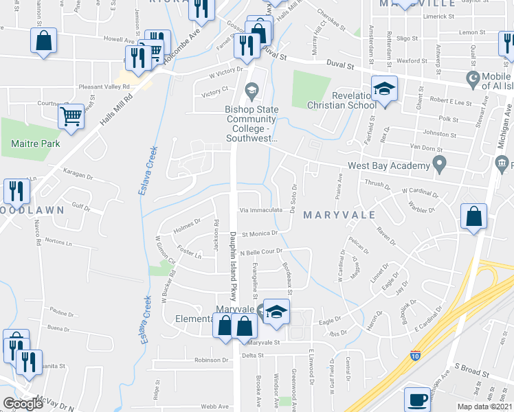 map of restaurants, bars, coffee shops, grocery stores, and more near 1106 Bartran Curve in Mobile