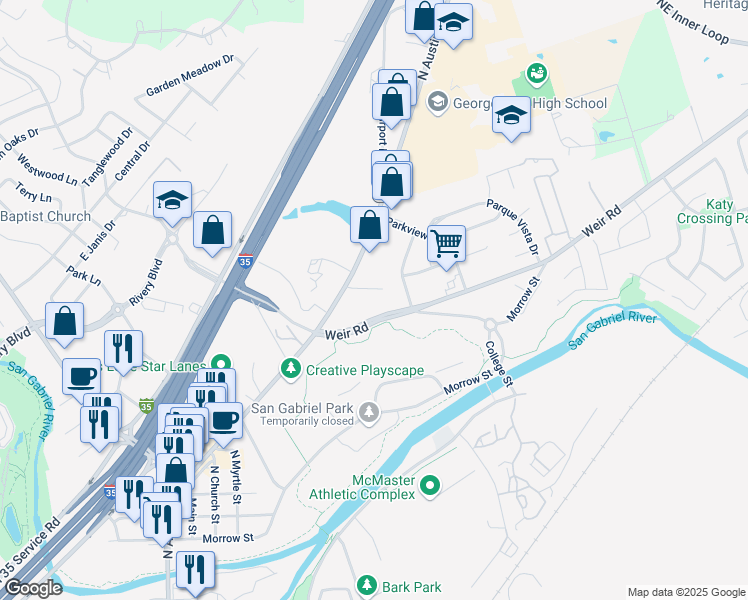 map of restaurants, bars, coffee shops, grocery stores, and more near 101 Weir Road in Georgetown