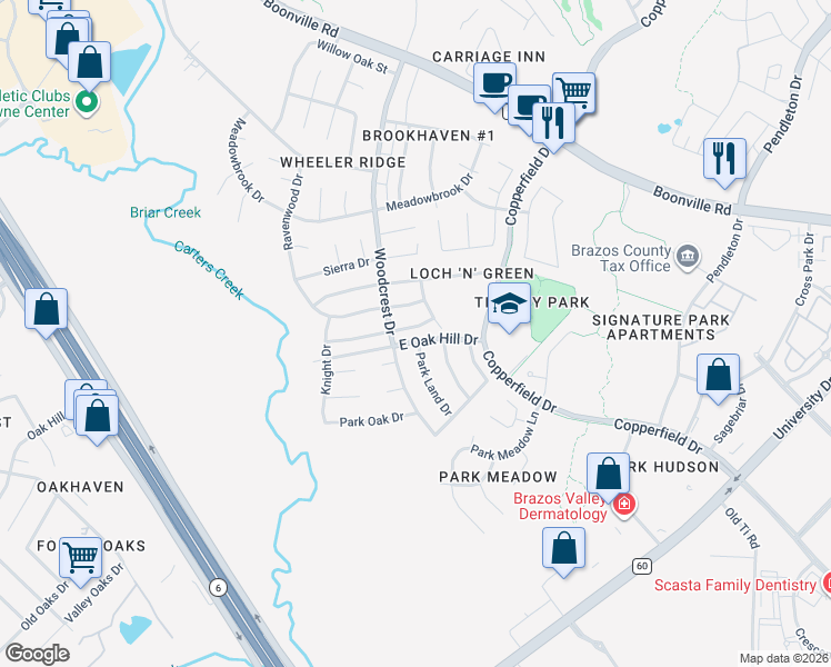 map of restaurants, bars, coffee shops, grocery stores, and more near 3820 Brockhampton Drive in Bryan