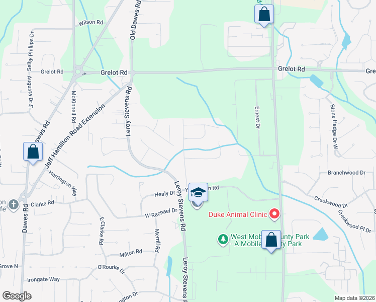 map of restaurants, bars, coffee shops, grocery stores, and more near 1673 Aden Road in Mobile