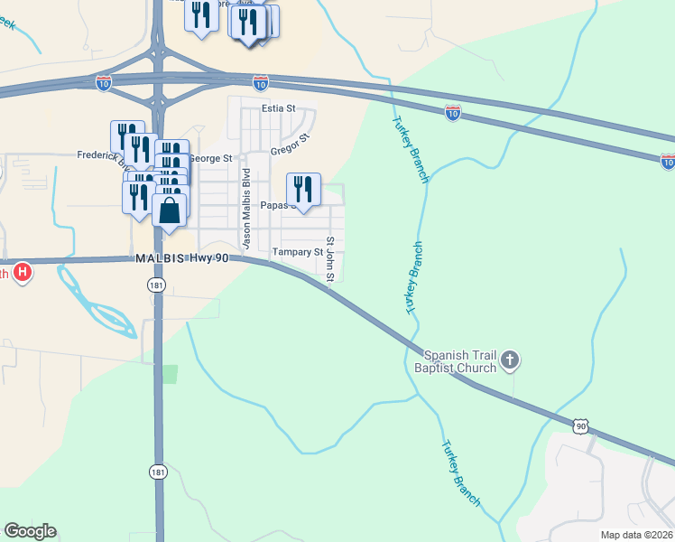 map of restaurants, bars, coffee shops, grocery stores, and more near 29570 Saint John Street in Daphne