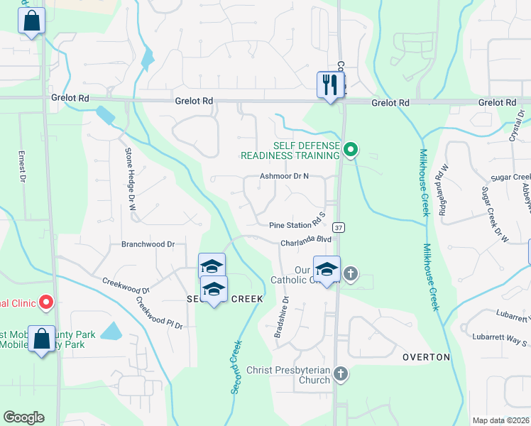 map of restaurants, bars, coffee shops, grocery stores, and more near 1715 Ashmoor Dr E in Mobile