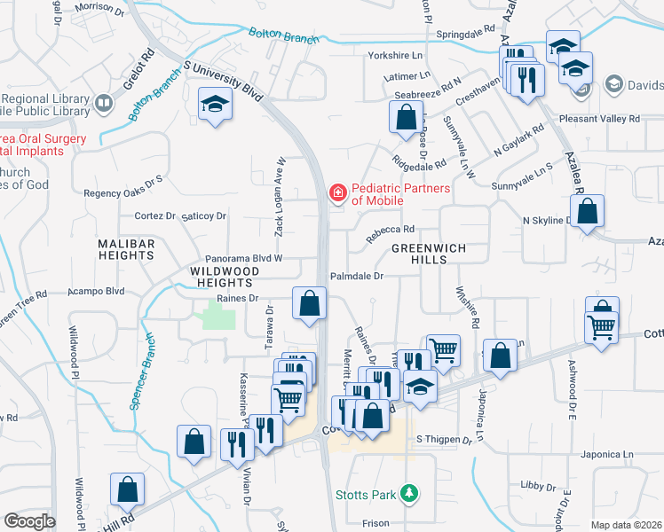 map of restaurants, bars, coffee shops, grocery stores, and more near 623-625 South University Boulevard in Mobile