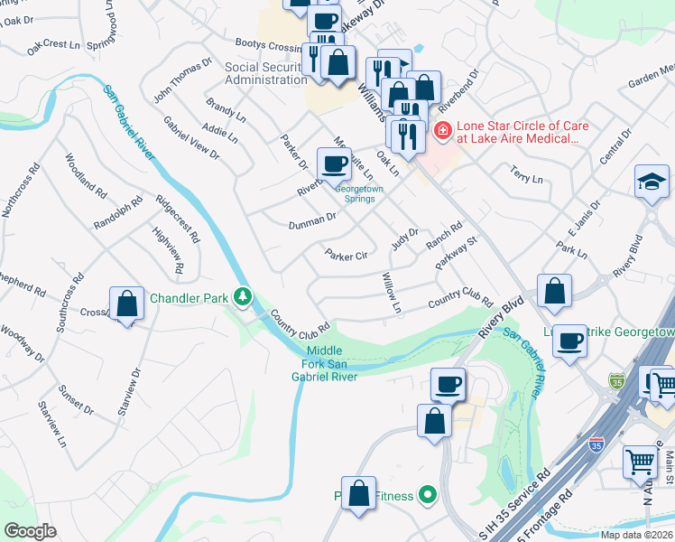 map of restaurants, bars, coffee shops, grocery stores, and more near 1103 Ranch Road in Georgetown