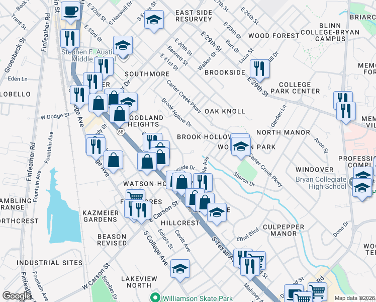 map of restaurants, bars, coffee shops, grocery stores, and more near 605A Cache Cove Court in Bryan