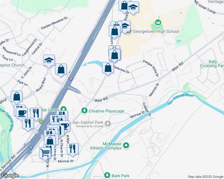 map of restaurants, bars, coffee shops, grocery stores, and more near 101 Weir Road in Georgetown