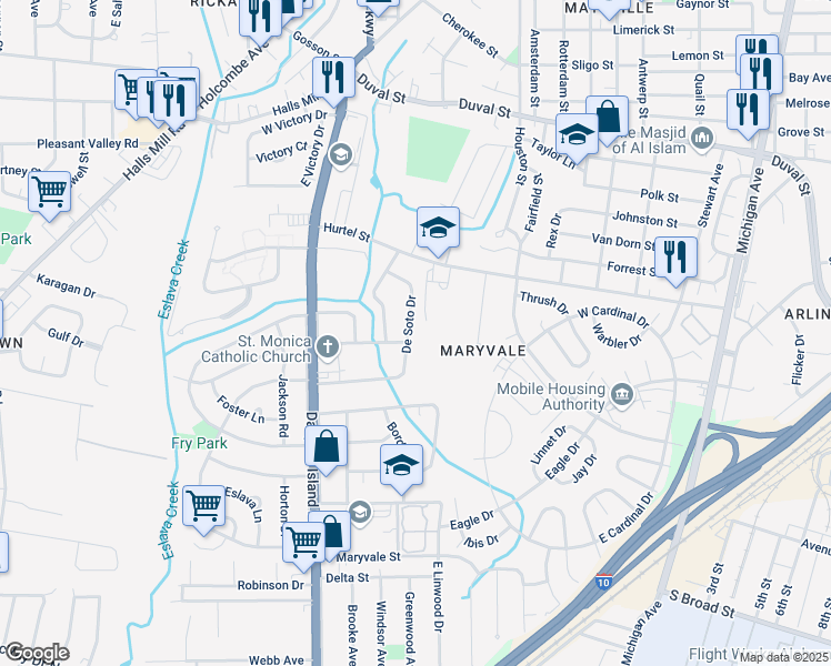 map of restaurants, bars, coffee shops, grocery stores, and more near 1117 De Soto Drive in Mobile