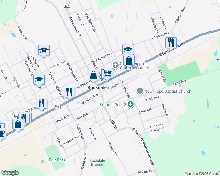 map of restaurants, bars, coffee shops, grocery stores, and more near 230 East Milam Avenue in Rockdale