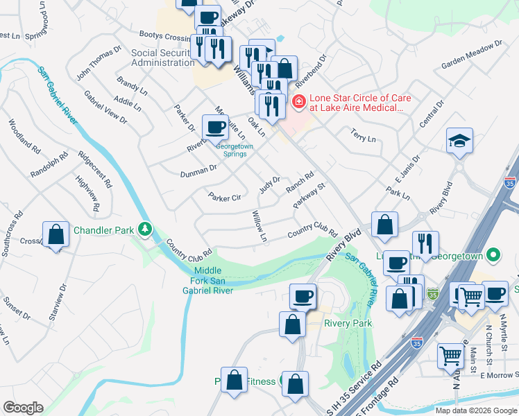 map of restaurants, bars, coffee shops, grocery stores, and more near Ranch Road in Georgetown