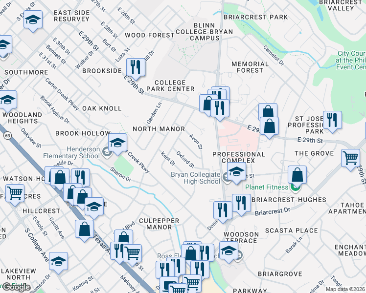 map of restaurants, bars, coffee shops, grocery stores, and more near 2309 Devonshire Street in Bryan