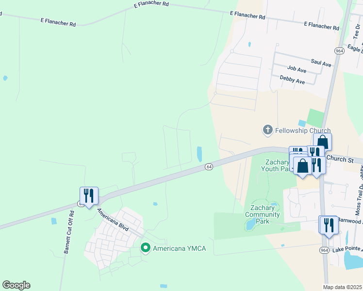 map of restaurants, bars, coffee shops, grocery stores, and more near 20140 High Plains Drive in Zachary