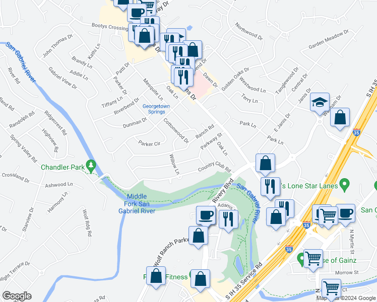 map of restaurants, bars, coffee shops, grocery stores, and more near 802 Ranch Road in Georgetown