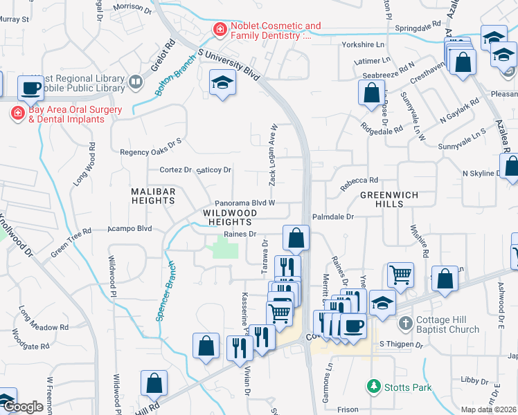 map of restaurants, bars, coffee shops, grocery stores, and more near 4305 Panorama Boulevard West in Mobile