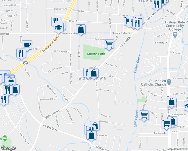 map of restaurants, bars, coffee shops, grocery stores, and more near 2551 Halls Mill Road in Mobile