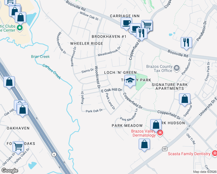 map of restaurants, bars, coffee shops, grocery stores, and more near 3820 Brockhampton Drive in Bryan