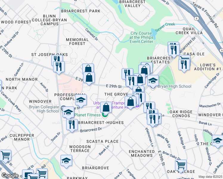 map of restaurants, bars, coffee shops, grocery stores, and more near 3040 East 29th Street in Bryan