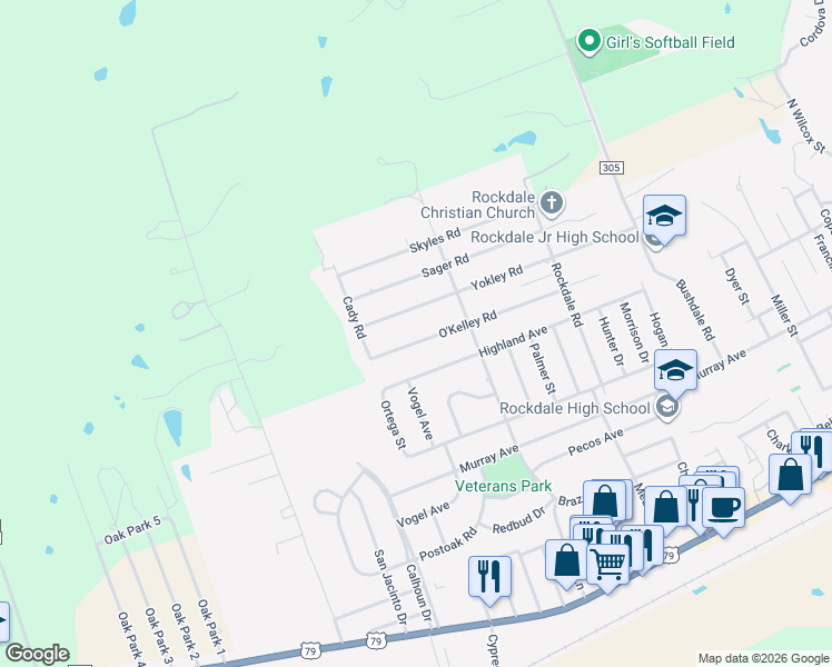 map of restaurants, bars, coffee shops, grocery stores, and more near 2102 O'Kelley Road in Rockdale