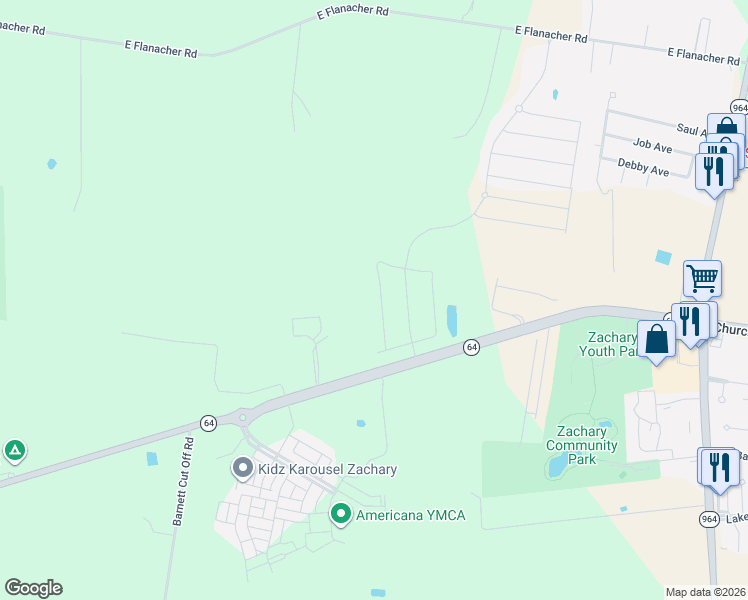 map of restaurants, bars, coffee shops, grocery stores, and more near 20147 Bur Oak Drive in Zachary