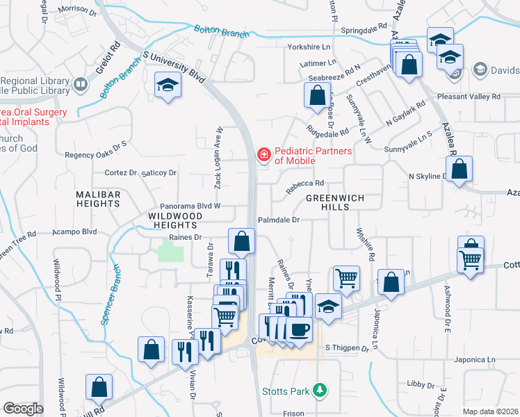 map of restaurants, bars, coffee shops, grocery stores, and more near 623 South University Boulevard in Mobile