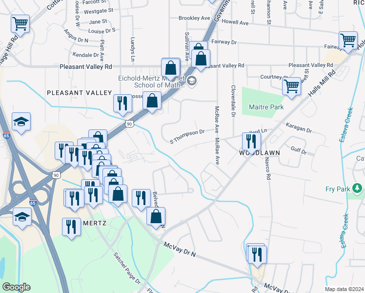 map of restaurants, bars, coffee shops, grocery stores, and more near 2738 Moot Avenue in Mobile