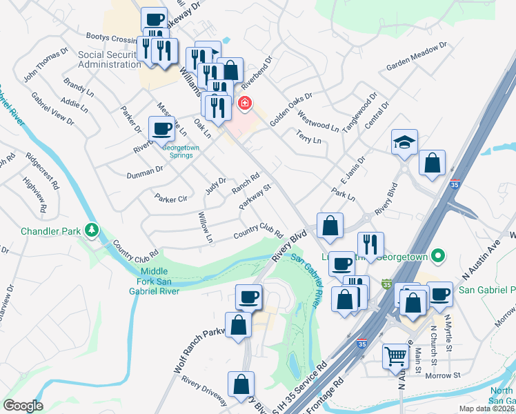 map of restaurants, bars, coffee shops, grocery stores, and more near 1615 Mesquite Lane in Georgetown