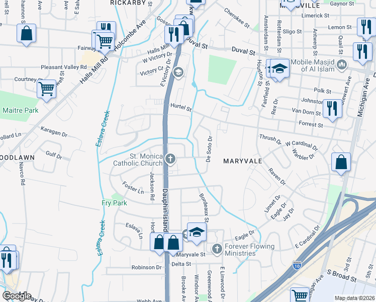 map of restaurants, bars, coffee shops, grocery stores, and more near 1107 Bartran Curve in Mobile