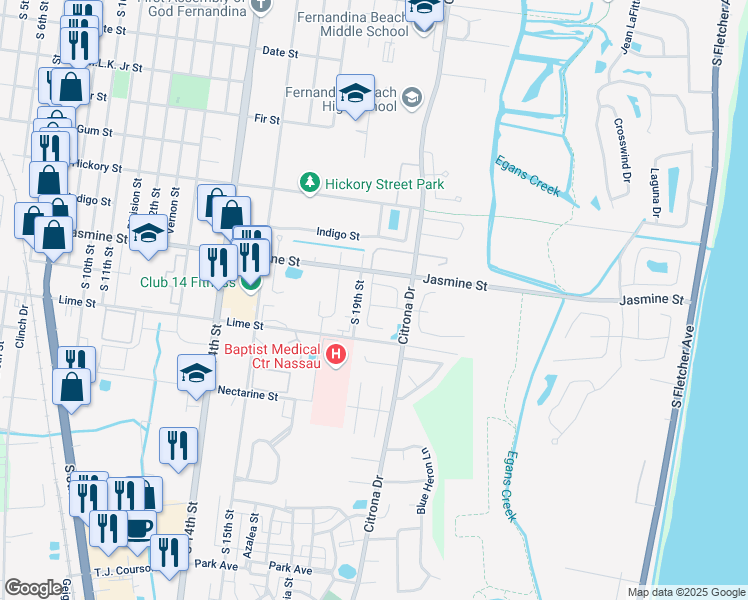 map of restaurants, bars, coffee shops, grocery stores, and more near 2015B Natures Ln W in Fernandina Beach