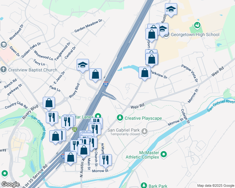 map of restaurants, bars, coffee shops, grocery stores, and more near 204 Royal Drive in Georgetown