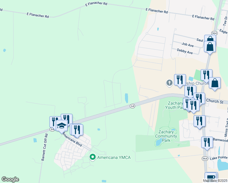 map of restaurants, bars, coffee shops, grocery stores, and more near 20140 High Plains Drive in Zachary