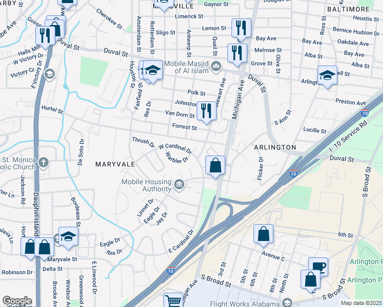 map of restaurants, bars, coffee shops, grocery stores, and more near 1600 Warbler Drive in Mobile