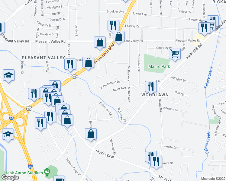 map of restaurants, bars, coffee shops, grocery stores, and more near 2729 Moot Avenue in Mobile