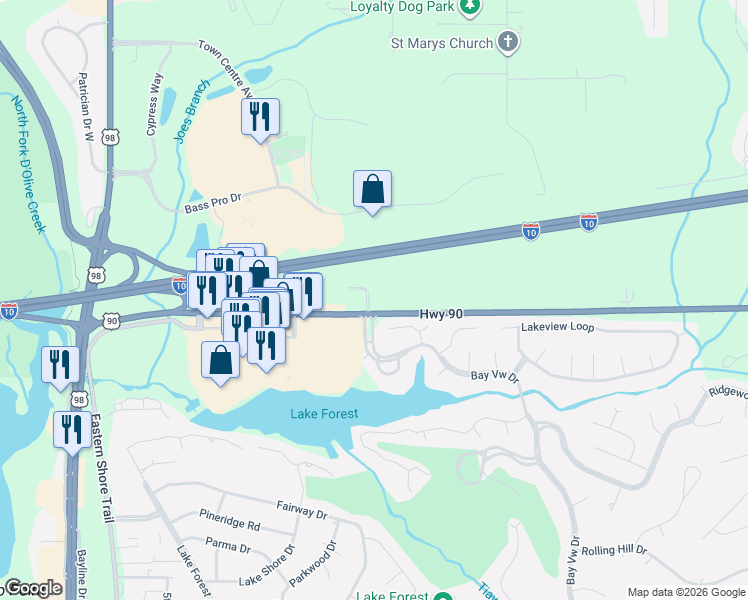 map of restaurants, bars, coffee shops, grocery stores, and more near Highway 90 in Daphne