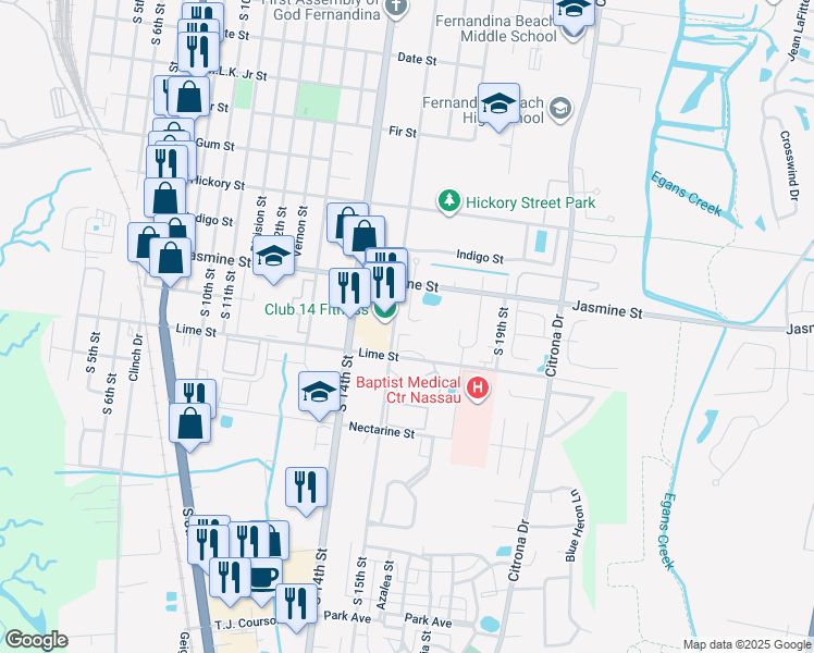 map of restaurants, bars, coffee shops, grocery stores, and more near 1027 Isle Of Palms Lane in Fernandina Beach