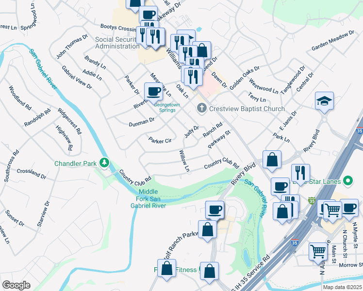 map of restaurants, bars, coffee shops, grocery stores, and more near 901 Ranch Road in Georgetown