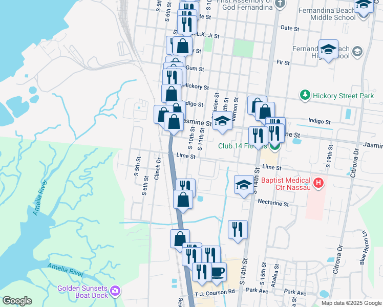 map of restaurants, bars, coffee shops, grocery stores, and more near 1128 South 10th Street in Fernandina Beach
