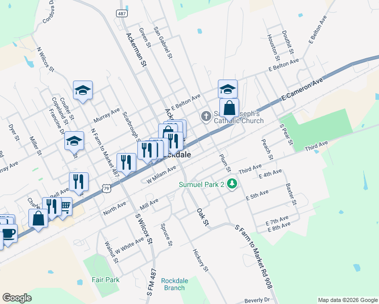 map of restaurants, bars, coffee shops, grocery stores, and more near Farm to Market Road 487 in Rockdale