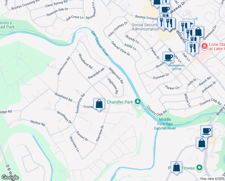 map of restaurants, bars, coffee shops, grocery stores, and more near 504 Ridgecrest Road in Georgetown