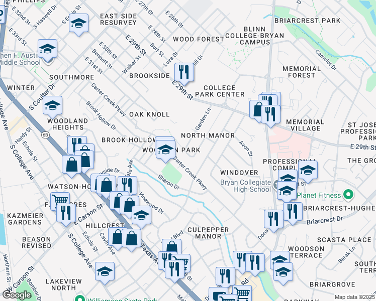 map of restaurants, bars, coffee shops, grocery stores, and more near 1201 Garden Lane in Bryan